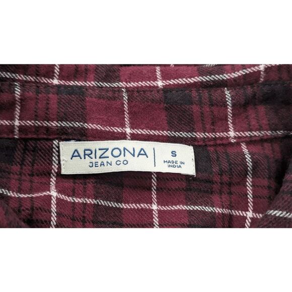 Arizona Jean Co Womens Size Small Wine Multi Plaid Button Front Red Collared - Picture 2 of 8